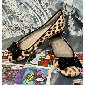 Jessica Simpson Size 6 Animal Print Flat Slip On Shoe Ballerina Ponyhair Beaded